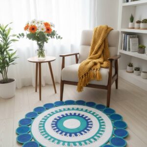 Blue and white crochet rug
